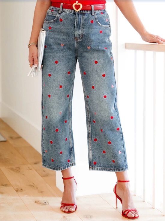 Oh Denim - 🅾️❤️♥️💗OH Blue Denim Wide-Leg Jeans with Red Heart Print